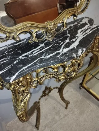 Consola Bronce Antigua con Mármol Negro