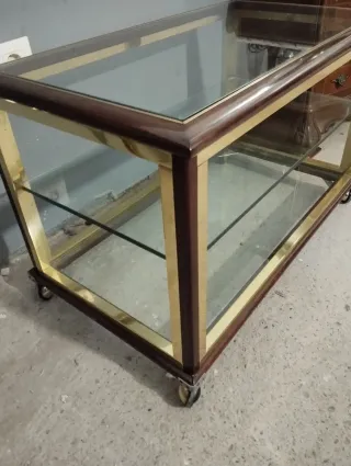 Mesita auxiliar ruedas madera cristal metal