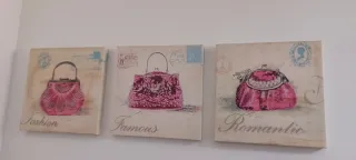 3 Cuadros Decoración Vintage Bolsos Rosas