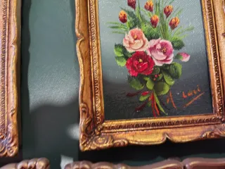 4 Cuadros Óleo Flores Marco Dorado.