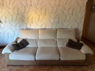 Sofá de 3 plazas tela beige y marrón