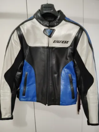 Chaqueta Dainese Cuero Moto Azul/Blanco