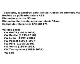 TAPA CENTRO RUEDA LLANTA BUJE VOLKSWAGEN 6N0601171