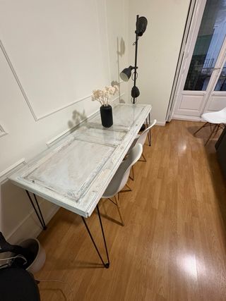 Mesa comedor madera, cristal y metal