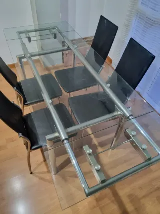 Mesa+sillas de comedor extensible cristal y metal