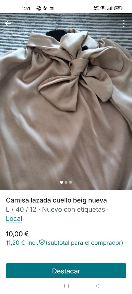 Camisa lazada cuello beige talla L