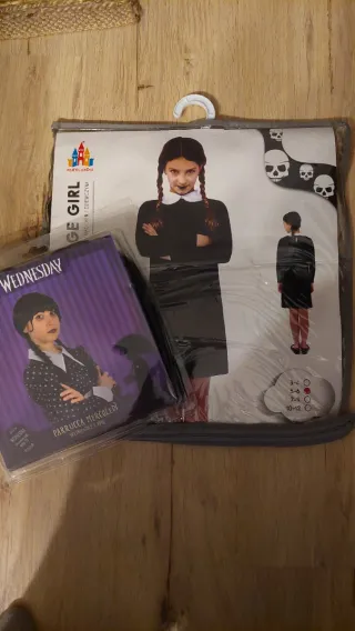 Disfraz Miércoles niña con peluca 5-6 años