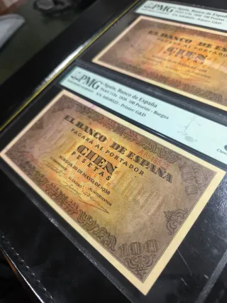 2 Billetes 100 Pesetas 1938 Burgos PMG 64 y 58