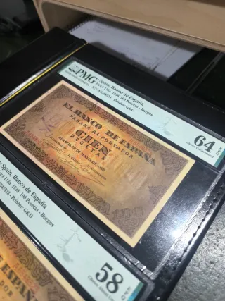 2 Billetes 100 Pesetas 1938 Burgos PMG 64 y 58