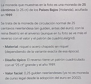 Moneda 25 céntimos Países Bajos (Holanda) 1989