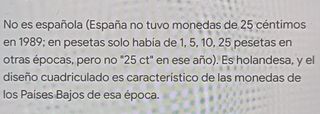 Moneda 25 céntimos Países Bajos (Holanda) 1989