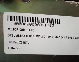 Opel 91783 motor x20dtl astra 2.0 16v di cat (x 20