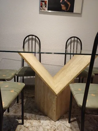 Mesa cristal mármol y 6 sillas