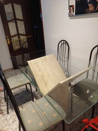Mesa cristal mármol y 6 sillas