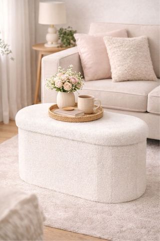 Puff Arrumação Tecido Bege/Branco