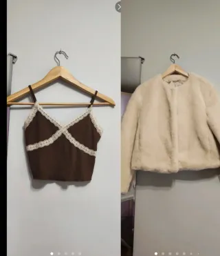 Lote Chaqueta pelo beige + Top marrón