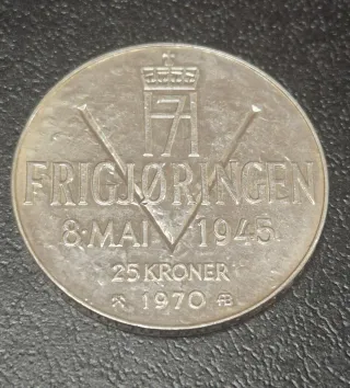 Moneda Plata 25 Coronas 1970 Noruega (29 gr)