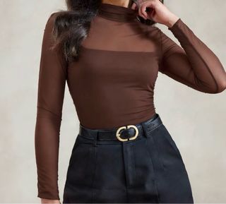 Top de Malla Marrón Manga Larga