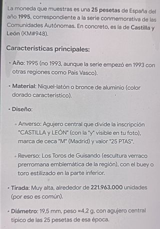 Moneda 25 PTAS 1995 España Castilla y León