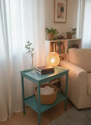 Mesita auxiliar azul madera y mimbre