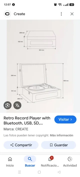 Tocadiscos CREATE Vintage Beige/Negro Sin Estrenar