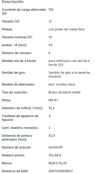 Alternador Ridex 4G0003P Ford, Mazda, Volvo