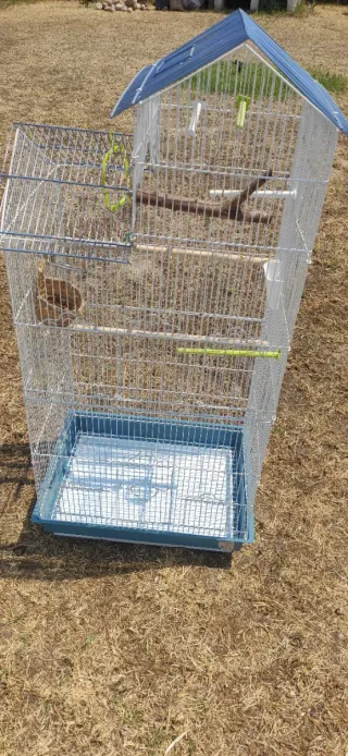 Jaula para pájaros plateada y azul