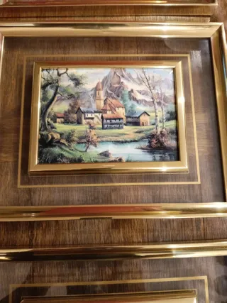 Tres cuadros paisajes marco dorado