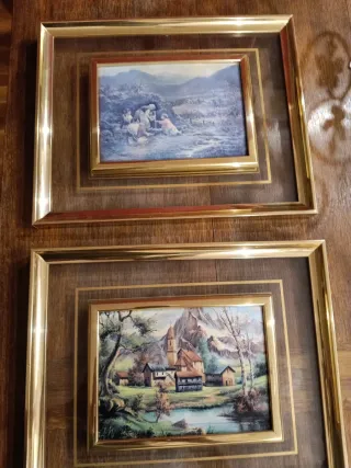 Tres cuadros paisajes marco dorado