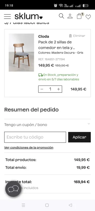 Pack 2 Sillas Comedor Tela y Madera