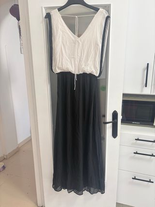 Vestido largo fiesta blanco crema y negro