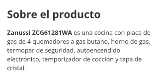 Cocina Gas Zanussi ZCG61281WA 60cm