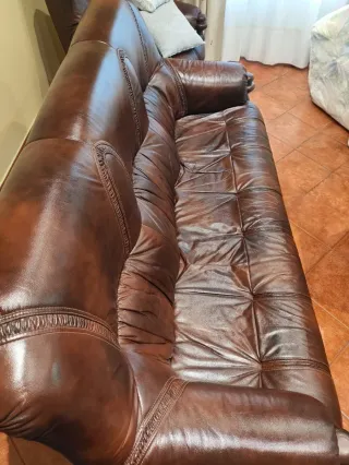 Conjunto sofás piel vacuno marrón 3+1+1