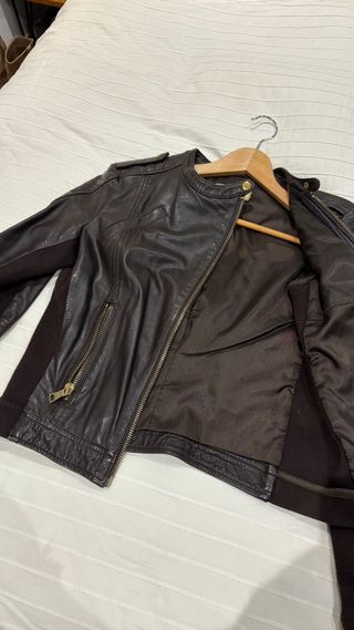 Cazadora Mango Cuero y Punto Marrón