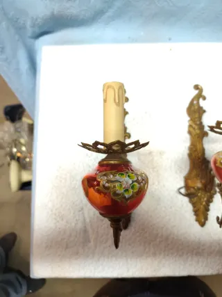 Coppia Applique Ottone Oro Vetro Rosso