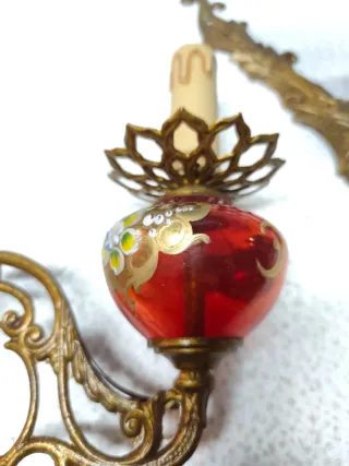 Coppia Applique Ottone Oro Vetro Rosso