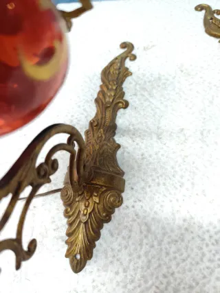 Coppia Applique Ottone Oro Vetro Rosso