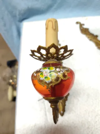 Coppia Applique Ottone Oro Vetro Rosso