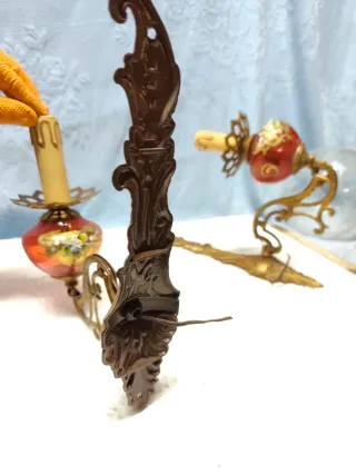 Coppia Applique Ottone Oro Vetro Rosso