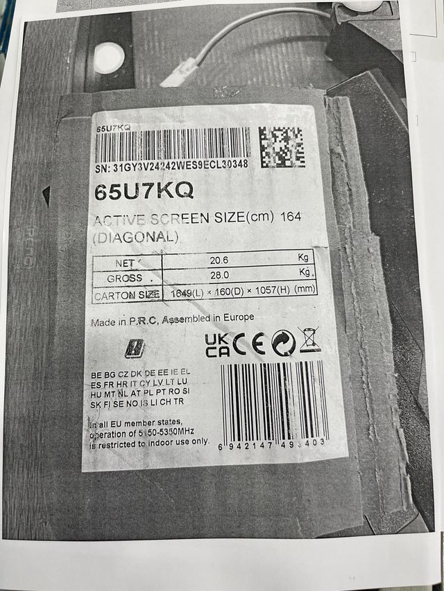 Placa Main Hisense TV 65U7KQ , pack con luces led