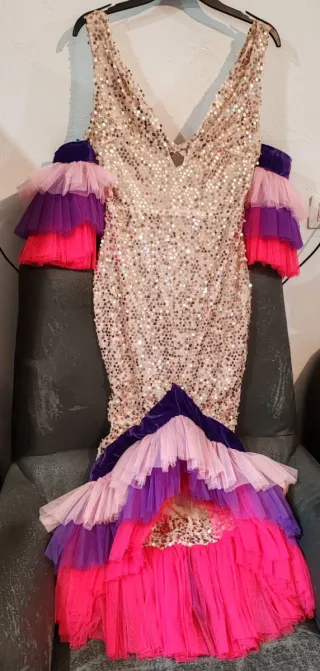 Disfraz Rumbera lentejuelas oro y rosa (Talla M-L)