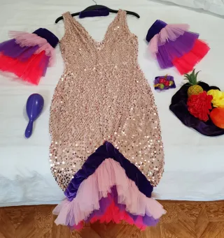 Disfraz Rumbera lentejuelas oro y rosa (Talla M-L)