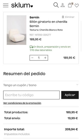 Sillón giratorio chenilla Sklum NUEVO