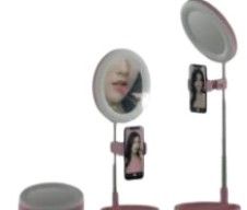 Espejo con luz extensible y soporte para móvil
