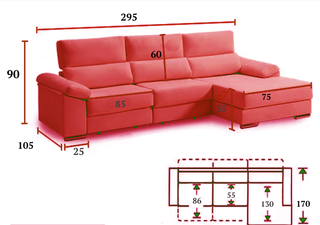 Sofá chaise longue (izquierda) rojo, 3 plazas