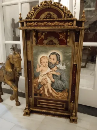 Retablo de madera tapiz.San José y El Niño.
