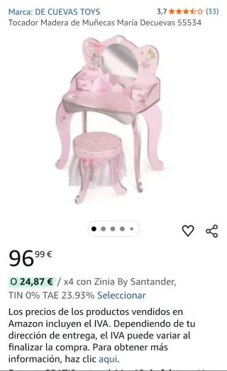 Tocador infantil rosa con espejo y taburete