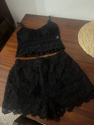 Conjunto Top y Short Negro Encaje