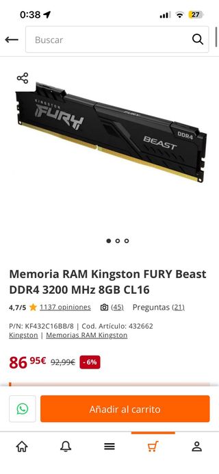 Memoria RAM Kingston FURY Beast DDR4 8GB 3200MHz