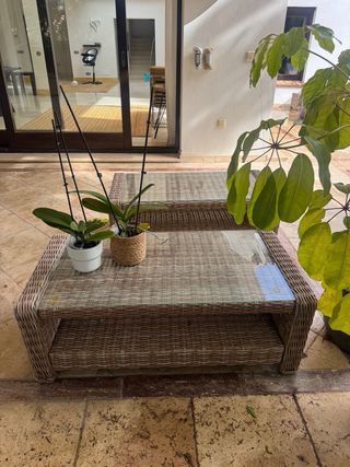 Juego 2 Mesas Auxiliares Exterior Mimbre y Cristal